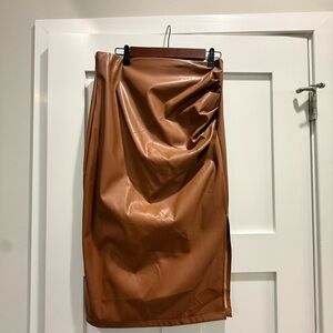 Faux Leather Midi Skirt in Cognac Brown